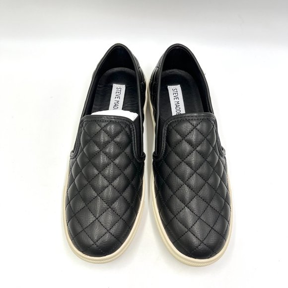 Steve Madden Size 7.5 Ecentrcq Black Faux Vegan Quilted Leather Sneakers Shoes - Picture 3 of 14